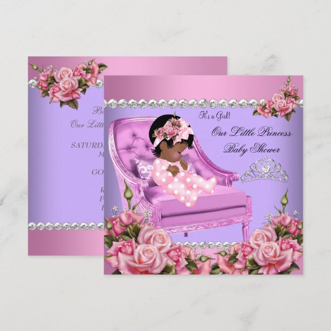 Princess Baby Shower Girl Pink Roses Chair Purple Invitation (Front/Back)