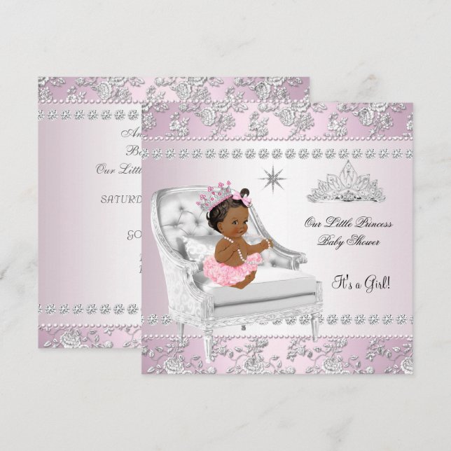 Princess Baby Shower Girl Pink Silver Chair ethnic Invitation (Front/Back)
