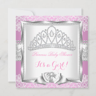 Princess Baby Shower Girl Pink Silver Lace 2 Invitation