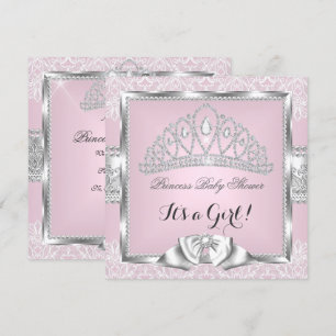 Princess Baby Shower Girl Pink Silver Lace 3 Invitation