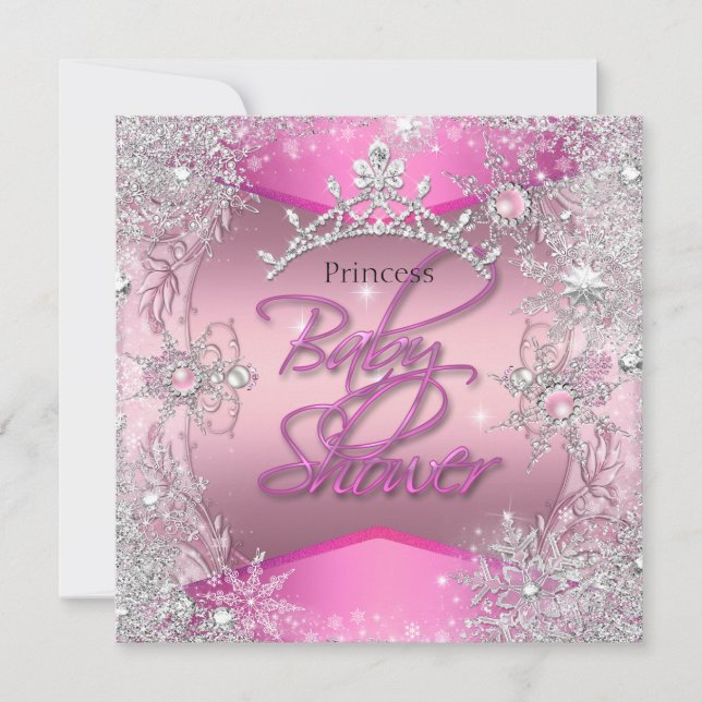 Princess Baby Shower Girl Pink Silver Snowflakes 2 Invitation (Front)