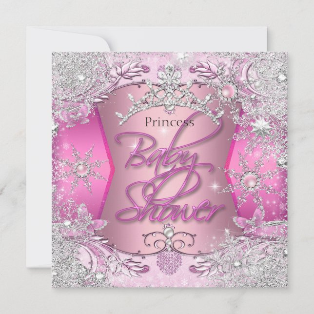 Princess Baby Shower Girl Pink Silver Snowflakes Invitation (Front)