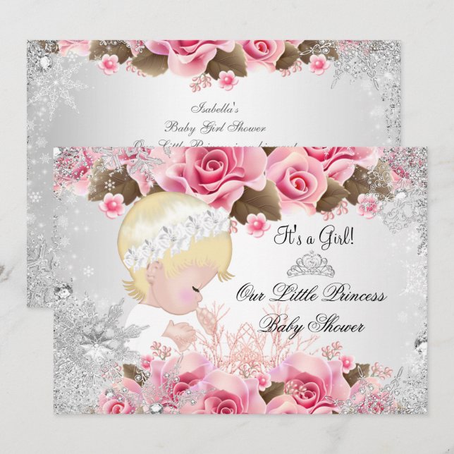 Princess Baby Shower Girl Pink Snowflake Roses 2 Invitation (Front/Back)