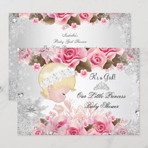 Princess Baby Shower Girl Pink Snowflake Roses 2 Invitation