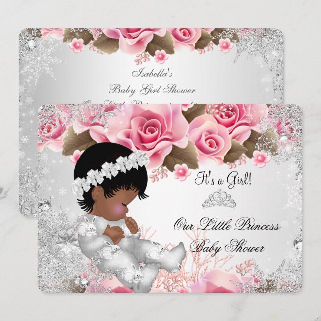 Princess Baby Shower Girl Pink Snowflake Roses Invitation (Front/Back)
