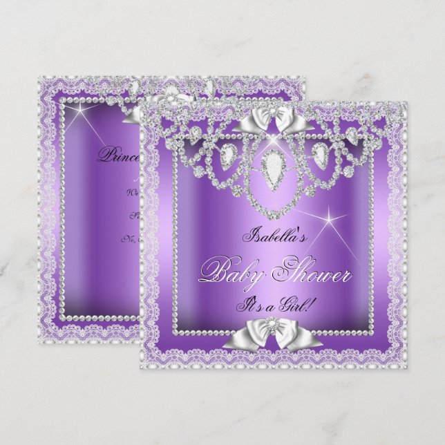 Princess Baby Shower Girl Purple Lace Diamond Invitation (Front/Back)