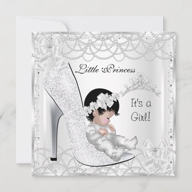 Princess Baby Shower Girl Silver White Pearl Invitation (Front)