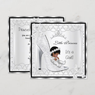 Princess Baby Shower Girl Silver White Shoe 3 Invitation