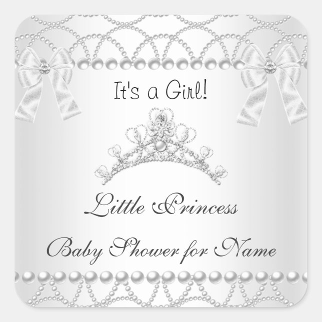 Princess Baby Shower Girl Silver White Tiara 2 Square Sticker (Front)