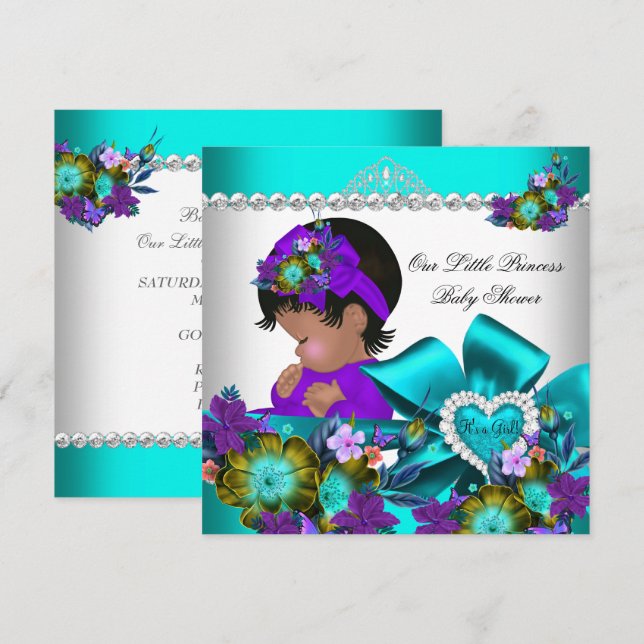 Princess Baby Shower Girl Teal Blue Purple 3 Invitation (Front/Back)