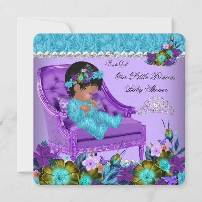 Princess Baby Shower Girl Teal Blue Purple Chair Invitation (Front)