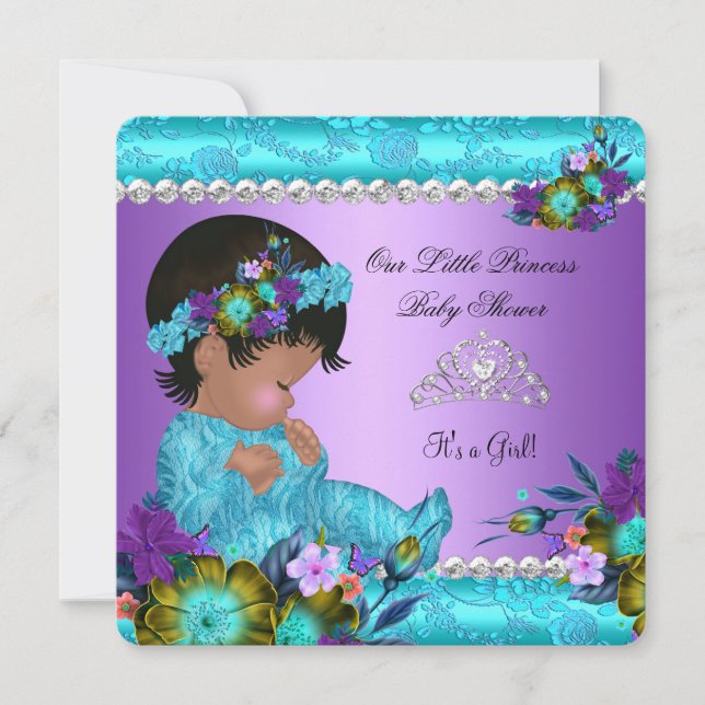 Princess Baby Shower Girl Teal Blue Purple Damask Invitation (Front)