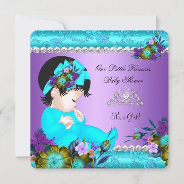 Princess Baby Shower Girl Teal Blue Purple Damask Invitation (Front)