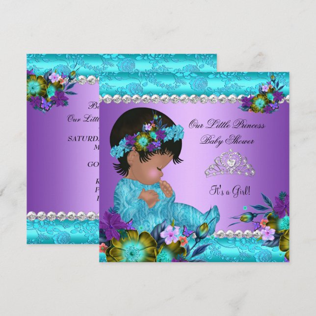 Princess Baby Shower Girl Teal Blue Purple Damask Invitation (Front/Back)