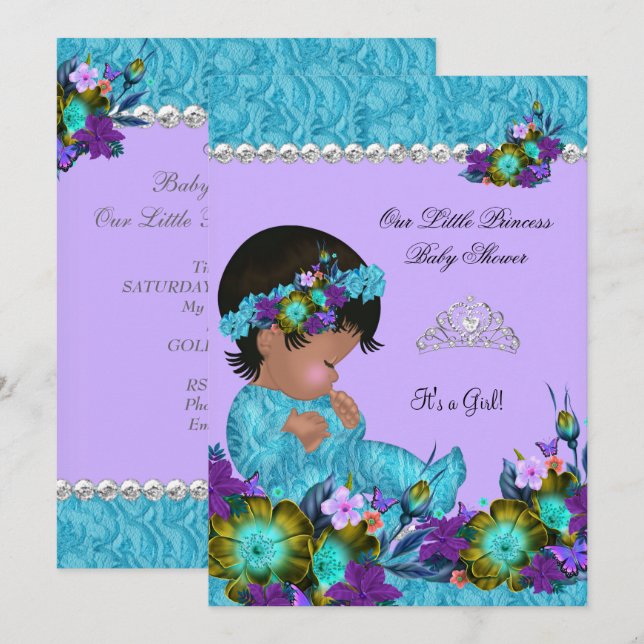 Princess Baby Shower Girl Teal Blue Purple Invitation (Front/Back)