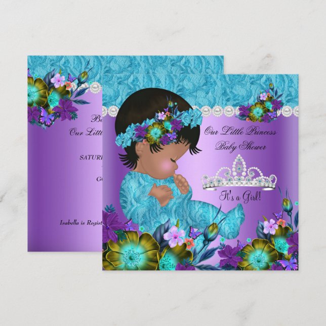Princess Baby Shower Girl Teal Blue Purple New Invitation (Front/Back)