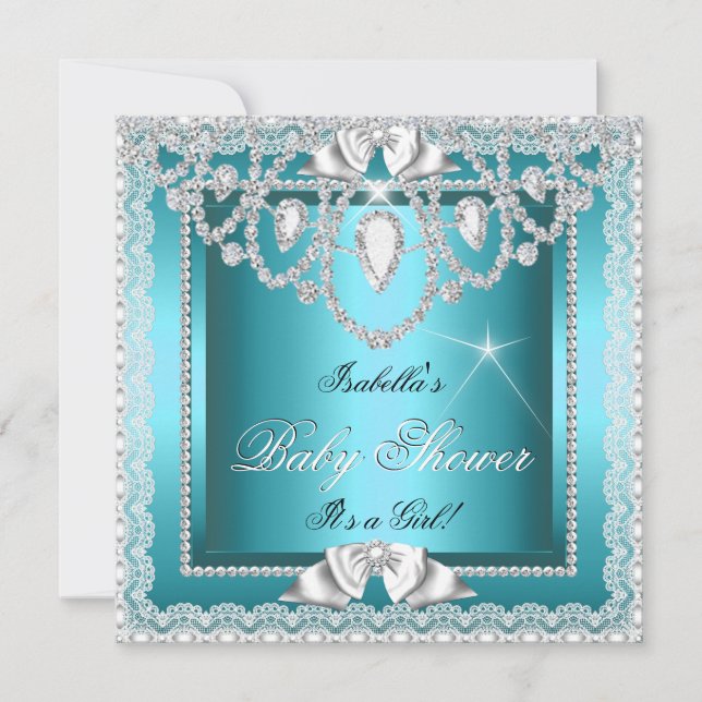 Princess Baby Shower Girl Teal Lace Diamond Invitation (Front)