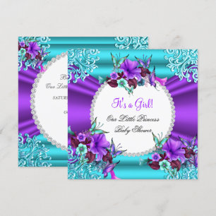 Princess Baby Shower Girl Teal Purple Floral 3 Invitation