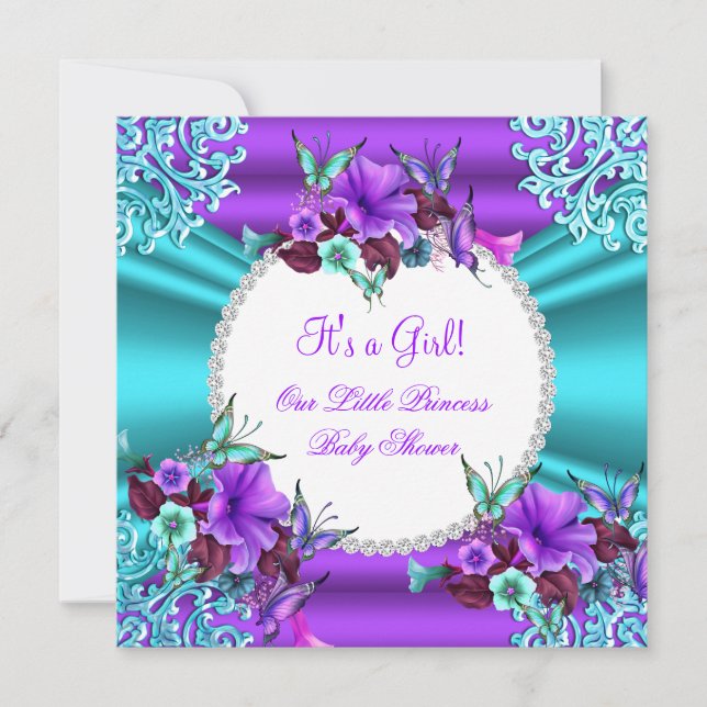 Princess Baby Shower Girl Teal Purple Floral 4 Invitation (Front)