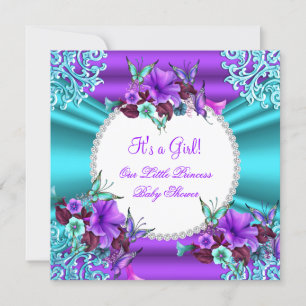Princess Baby Shower Girl Teal Purple Floral 4 Invitation