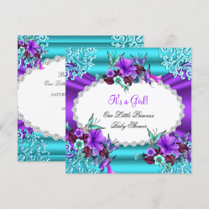 Princess Baby Shower Girl Teal Purple Floral Invitation