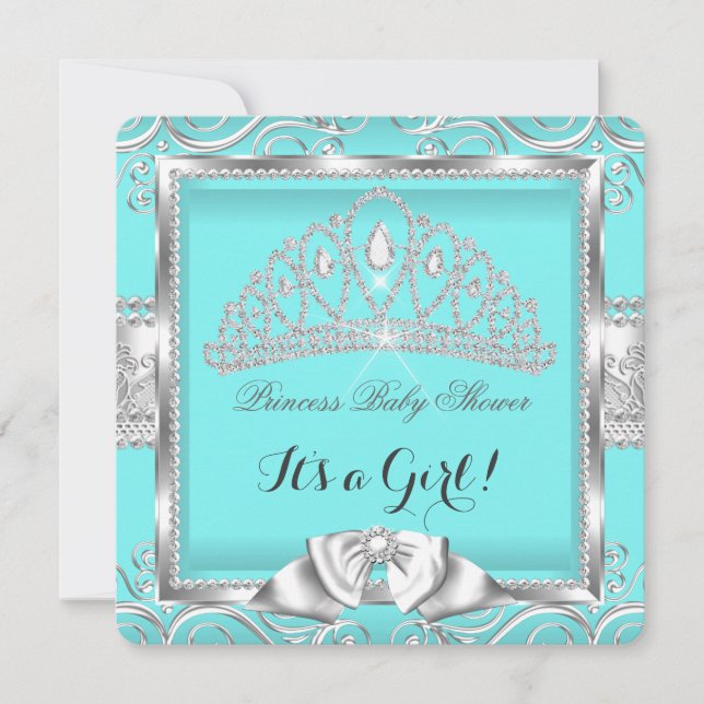 Princess Baby Shower Girl Teal Silver damask Invitation (Front)