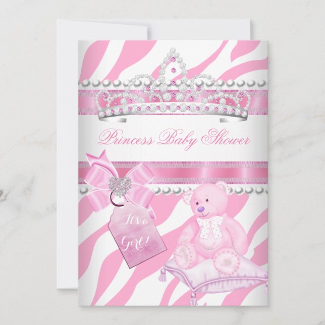 Princess Baby Shower Girl Zebra Pink White Bear Invitation (Front)
