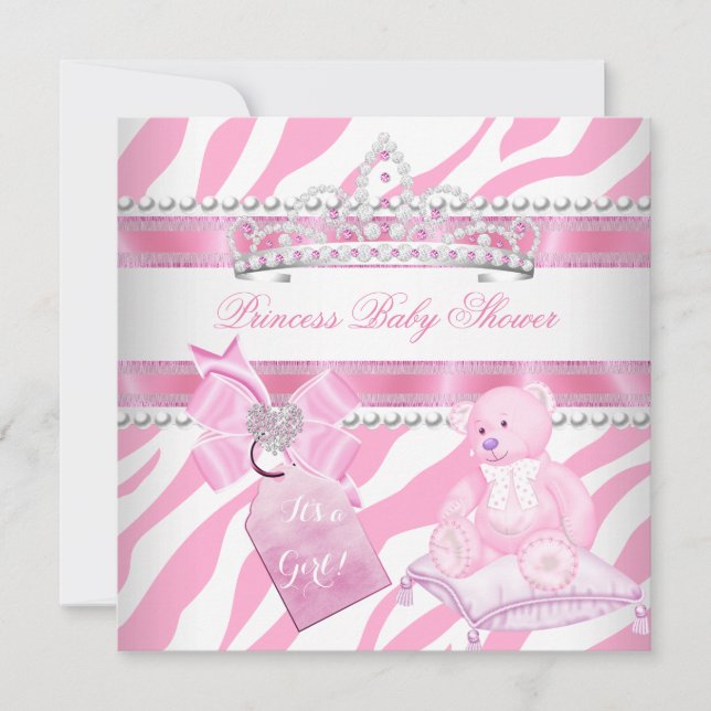 Princess Baby Shower Girl Zebra Pink White Bear Invitation (Front)