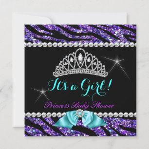 Princess Baby Shower Glitter Purple Teal Zebra Invitation