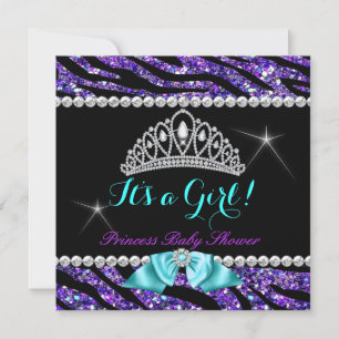 Princess Baby Shower Glitter Purple Teal Zebra Invitation