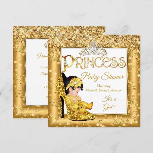 Princess Baby Shower Gold High Heel Glitter Medium Invitation (Front/Back)