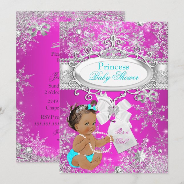 Princess Baby Shower Hot Pink Aqua Brunette Invitation (Front/Back)