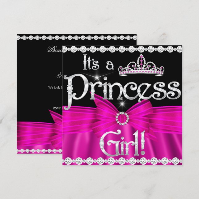 Princess Baby Shower Hot Pink Bow Silver Tiara 2 Invitation (Front/Back)