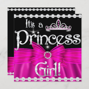 Princess Baby Shower Hot Pink Bow Silver Tiara 2 Invitation