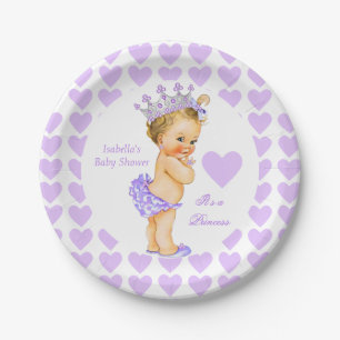 Princess Baby Shower Party Purple Heart Blonde Paper Plate