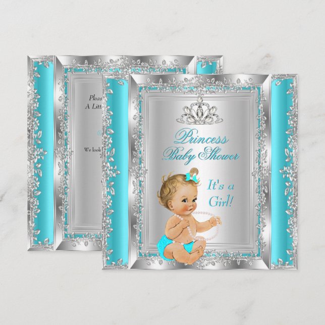 Princess Baby Shower Party Teal Silver Blonde Invitation (Front/Back)