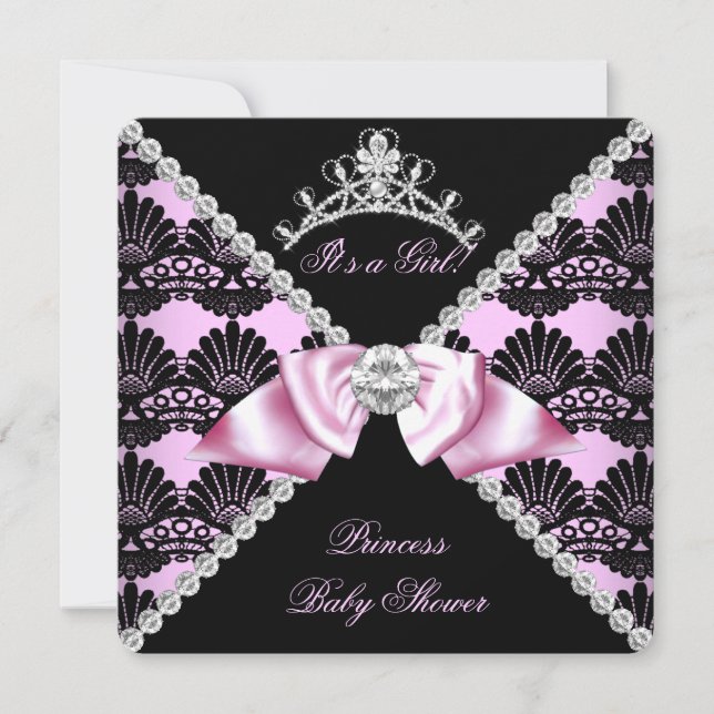Princess Baby Shower Pink Black Lace Diamond Invitation (Front)