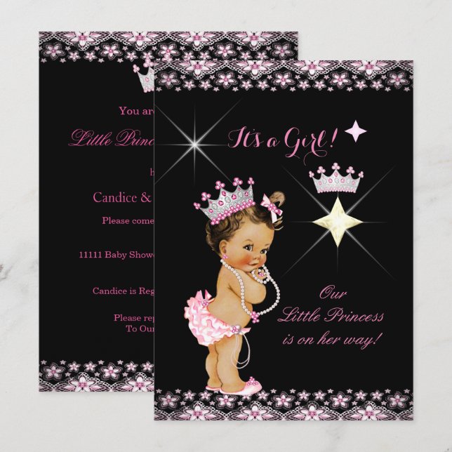 Princess Baby Shower Pink Black Tiara Brunette Invitation (Front/Back)
