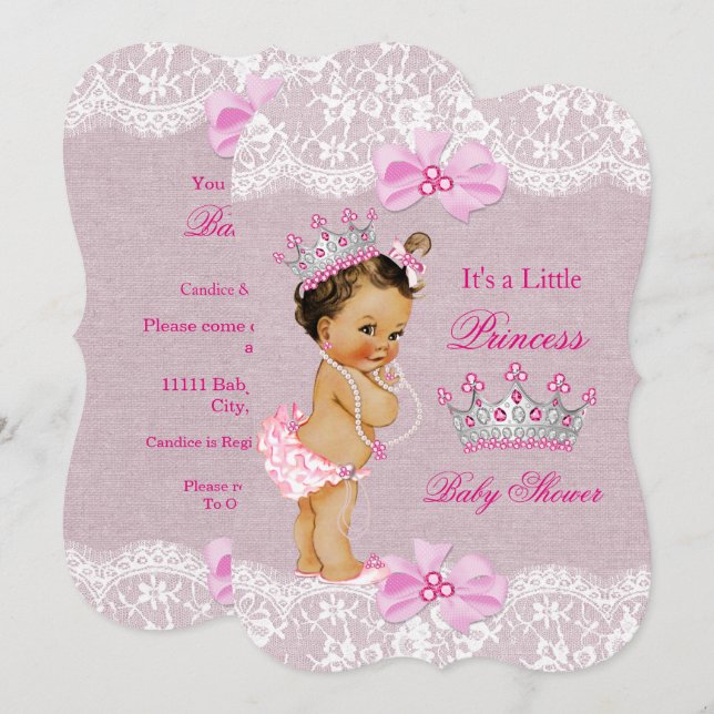 Princess Baby Shower Pink Burlap Lace Brunette Invitation (Front/Back)