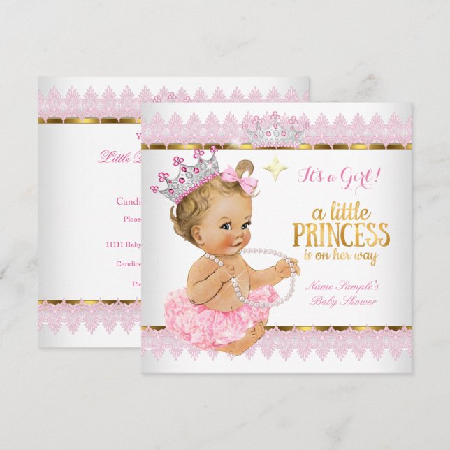 Princess Baby Shower Pink Gold Blonde Girl Invitation (Front/Back)