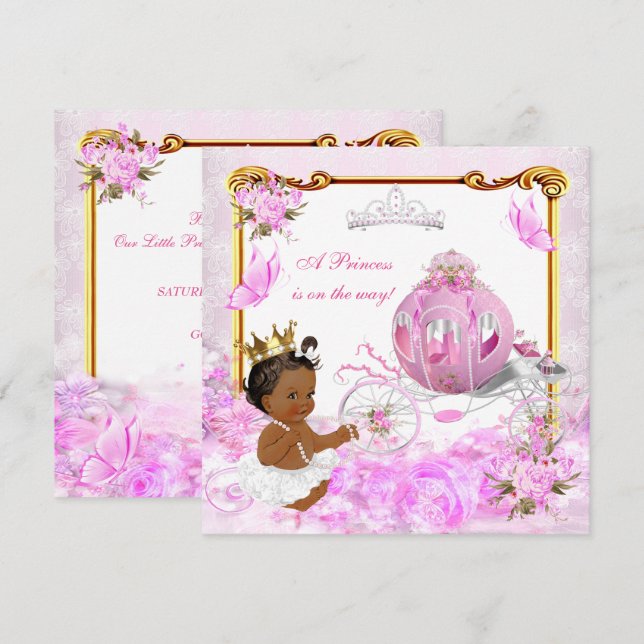 Princess Baby Shower Pink Gold Carriage Ethnic Invitation (Front/Back)