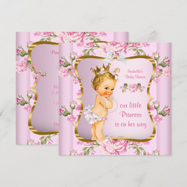 Princess Baby Shower Pink Gold Floral Blonde Invitation (Front/Back)