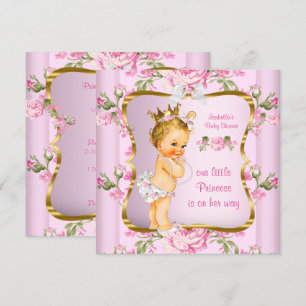 Princess Baby Shower Pink Gold Floral Blonde Invitation