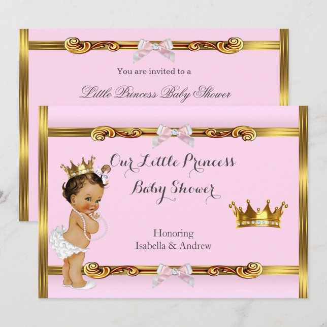 Princess Baby Shower Pink Gold Girl Brunette Invitation (Front/Back)