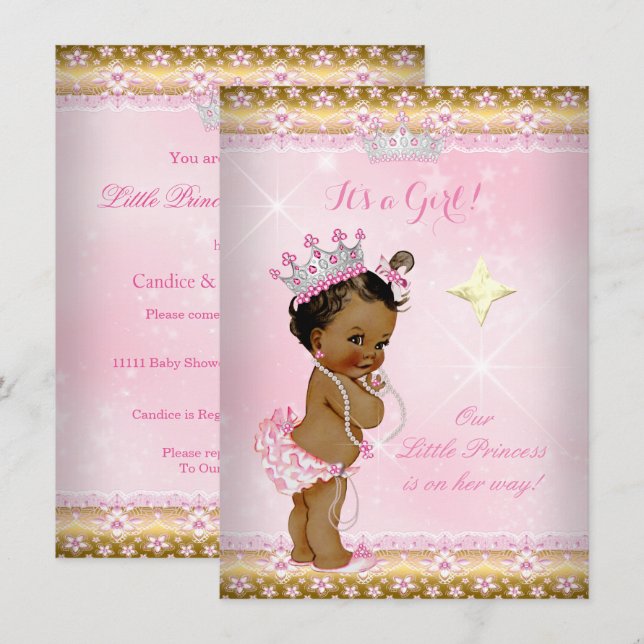 Princess Baby Shower Pink Gold Lace Tiara Ethnic Invitation (Front/Back)