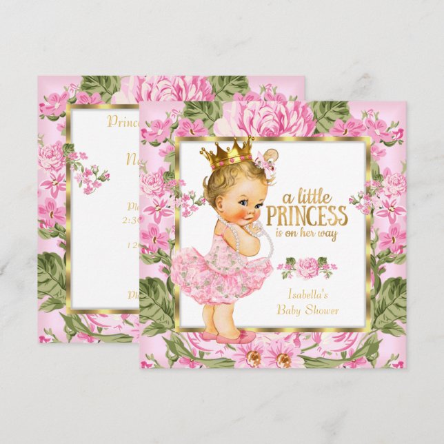Princess Baby Shower Pink Gold Rose Floral Blonde Invitation (Front/Back)