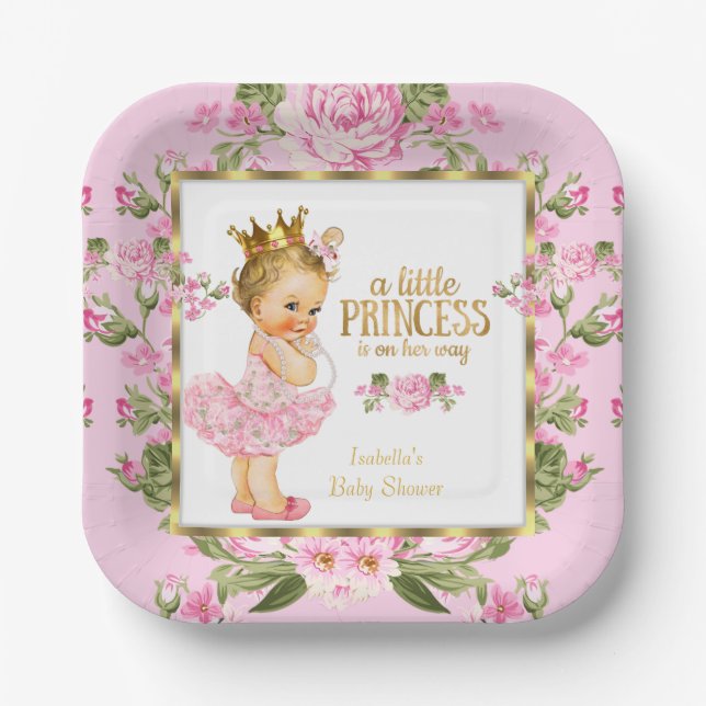 Princess Baby Shower Pink Gold Rose Floral Blonde Paper Plate (Front)