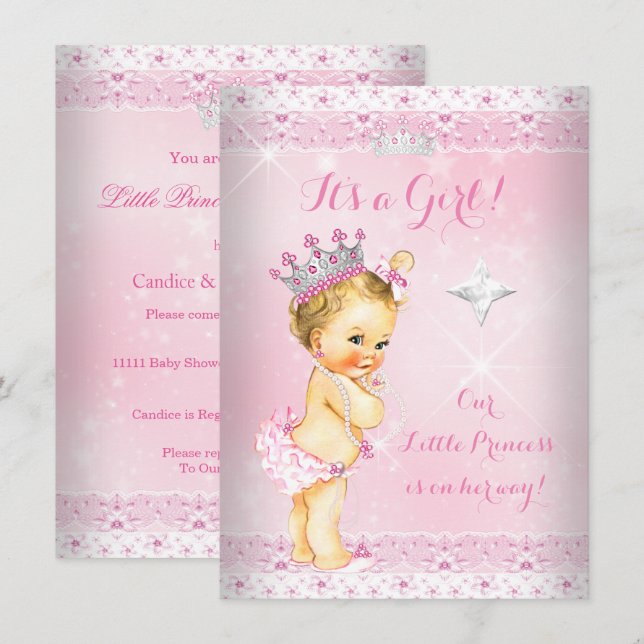 Princess Baby Shower Pink Lace Tiara Blonde Invitation (Front/Back)