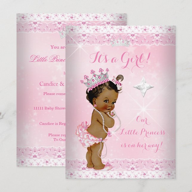 Princess Baby Shower Pink Lace Tiara Ethnic Invitation (Front/Back)
