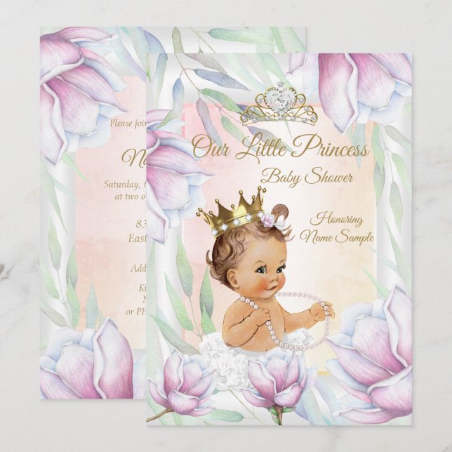 Princess Baby Shower Pink Lilac Floral Brunette Invitation (Front/Back)